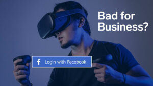 In the background a man with vr glasses and in the foreground a login with facebook button.